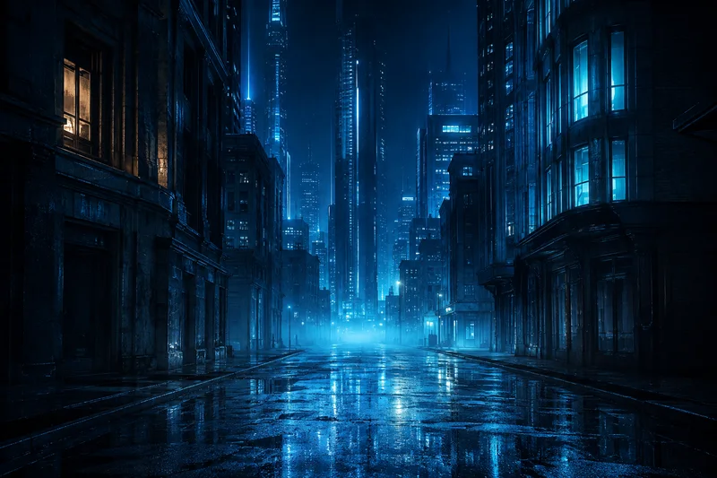 雨夜城市街道与蓝色灯光，AI生成概念图