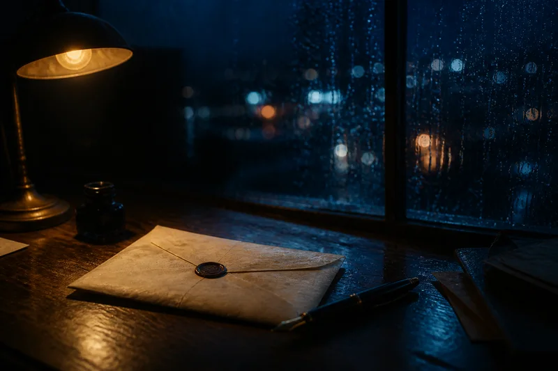 雨窗旁的信件与钢笔，AI生成概念图